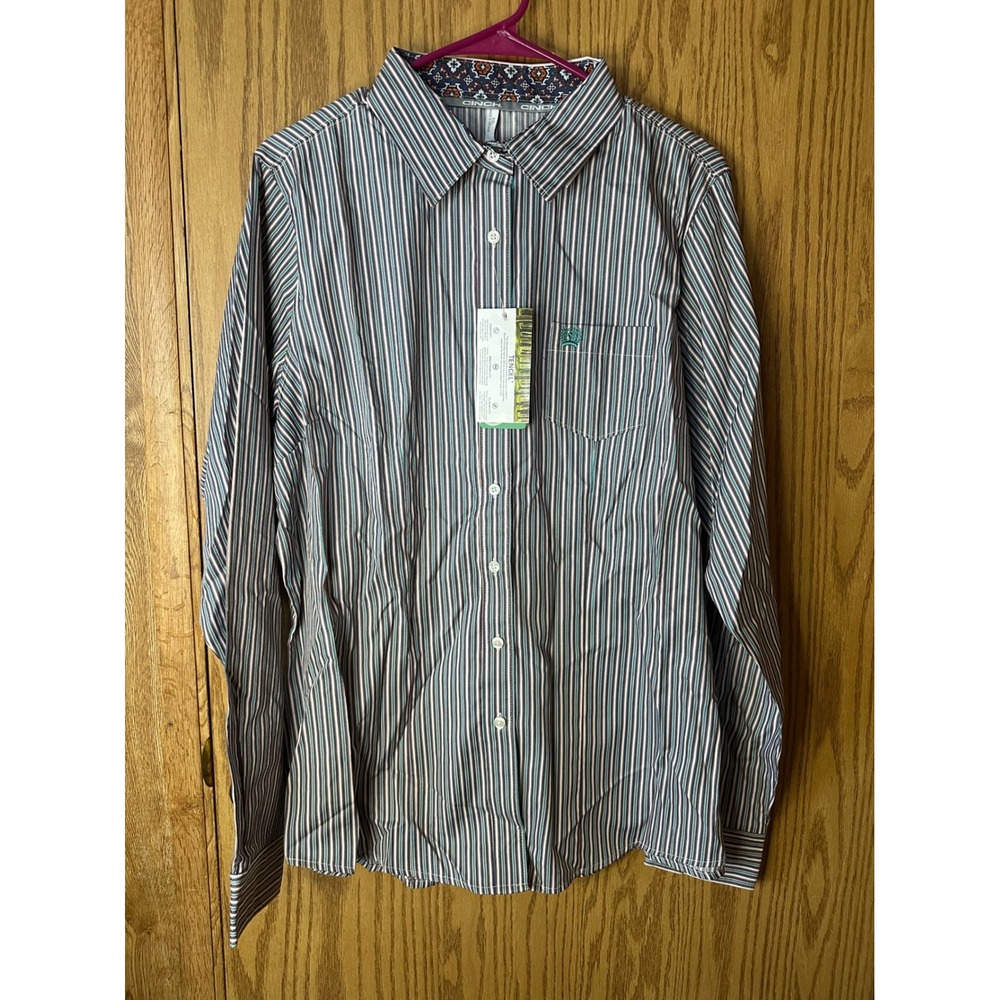 Cinch Womens Tencel Stripe Western Button Down Shirt XXL Teal Burgundy LS